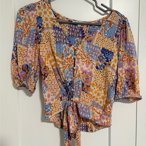 Rose Olive Crop Top Purple Orange Patch Print Short Sleeve Tie Front Size Small - Picture 11 of 12